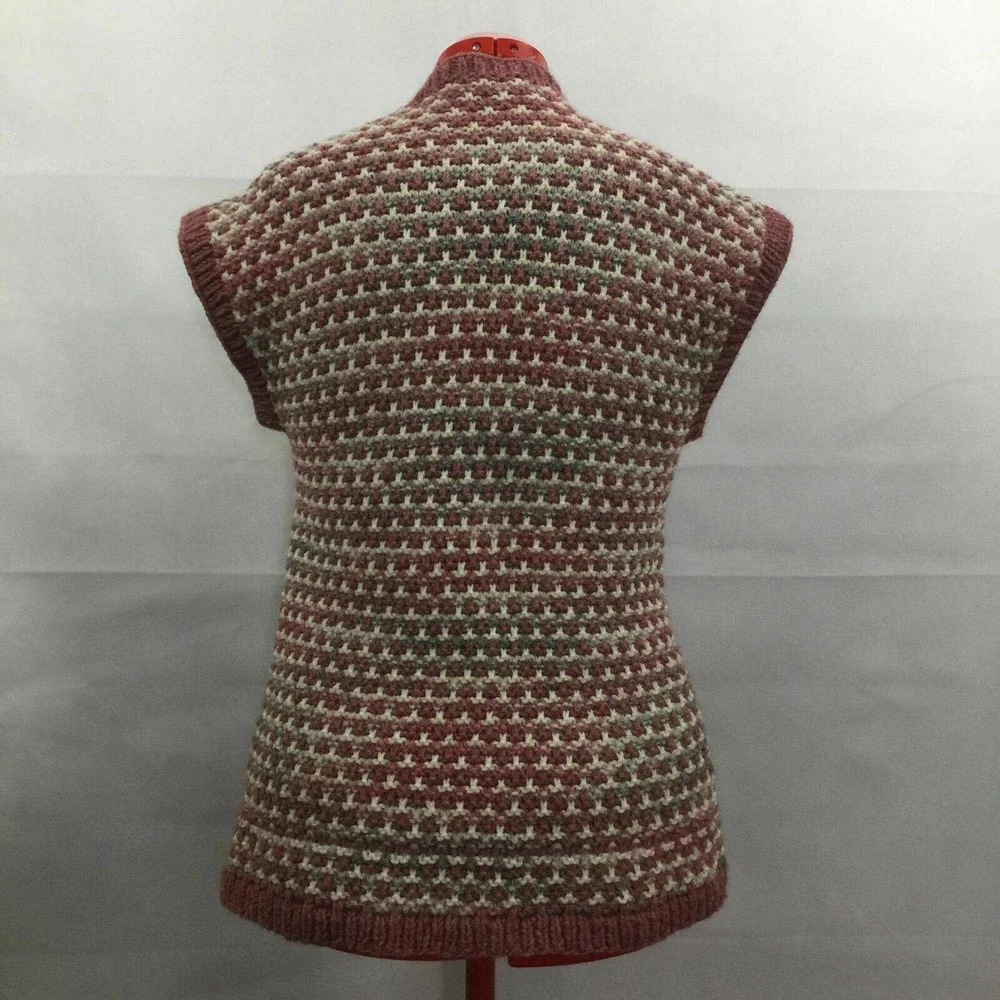 Handmade Open Front Vest Pink White Chunky Knit Sleeveless Cardigan Women Sz S